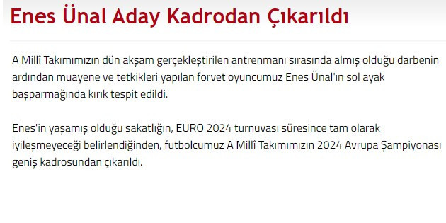 A Milli Takımda bir sakatlık şoku daha! Enes Ünal kadrodan çıkartıldı