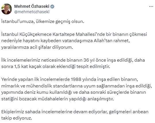 Bakan Özhaseki'den İstanbul'da çöken binayla ilgili kaçak kat açıklaması