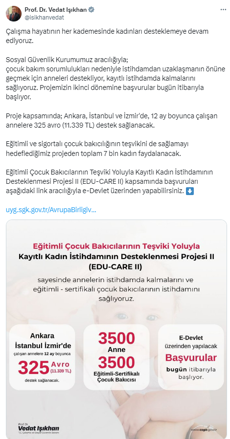 SGK çalışan annelere 325 euro bakıcı desteği şartları neler, başvurular ne zaman? - Resim : 2