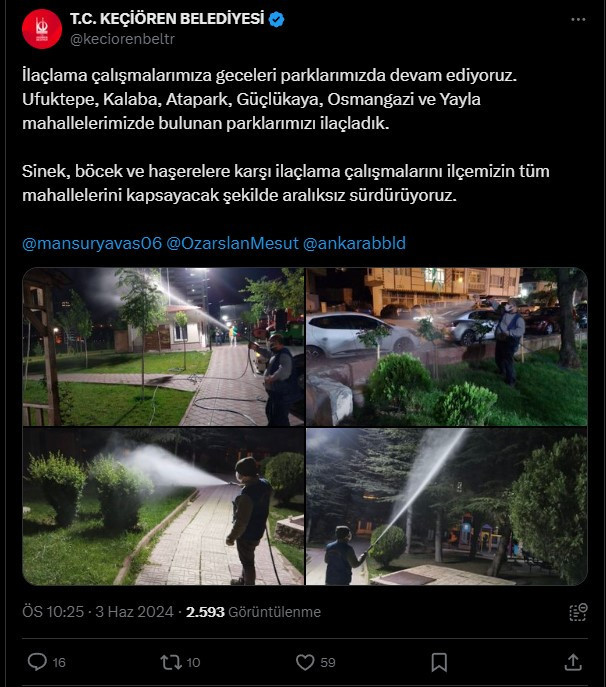 Keçiören Belediyesi ilaçlama çalışmalarını sürdürüyor