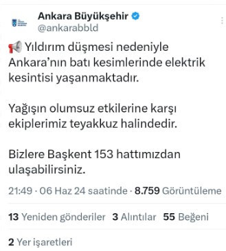 Son Dakika! Yıldırım düşmesi nedeniyle Ankara'nın batı kesimlerinde elektrik kesintisi yaşanıyor