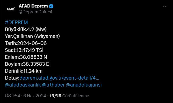 Adıyaman'da 4,2 büyüklüğünde deprem meydana geldi!