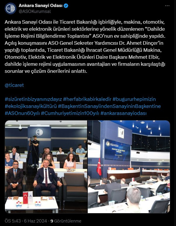 ASO ve Ticaret Bakanlığı iş birliğiyle dahilde işleme rejimine yönelik toplantı yapıldı