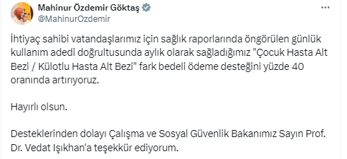 Bakan Göktaş hasta alt bezi desteğine zam yapıldığını duyurdu