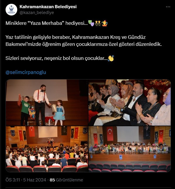 Kahramankazan Belediyesi kreşlerde öğrenim gören çocuklara özel gösteri düzenledi
