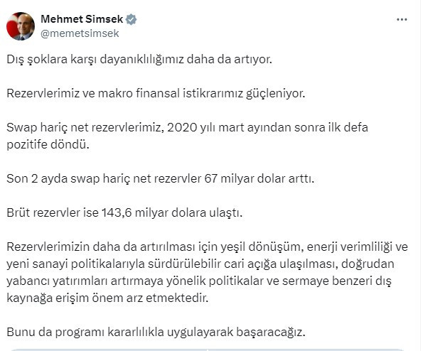Hazine ve Maliye Bakanı Şimşek rezervlerin artmaya devam ettiğini belirtti