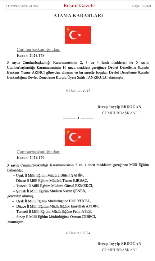 Cumhurbaşkanı Erdoğan tarafından yapılan atamalar Resmi Gazete’de