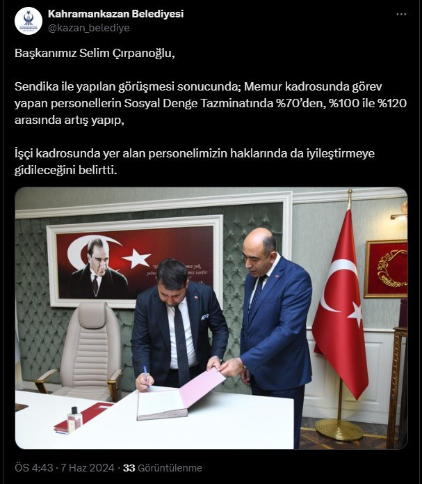 Kahramankazan Belediye Başkanı Çırpanoğlu sosyal denge tazminatını artırdı