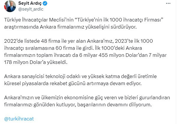 ASO Başkanı Ardıç Ankara'nın ihracatçılar listesindeki yükselişine dikkat çekti