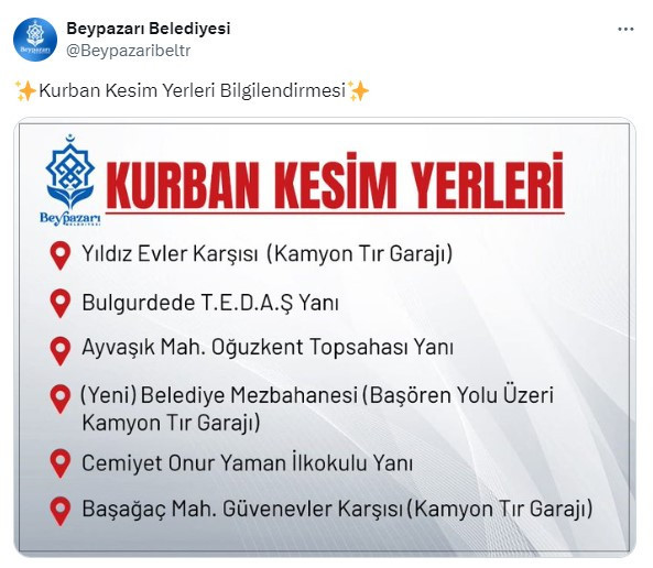 Beypazarı Belediyesi kurban kesim alanlarını duyurdu