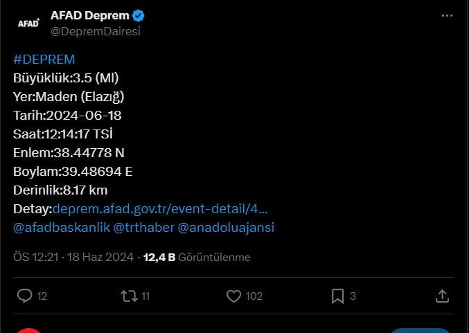 Elazığ'ın Maden ilçesinde 3,5 büyüklüğünde deprem!