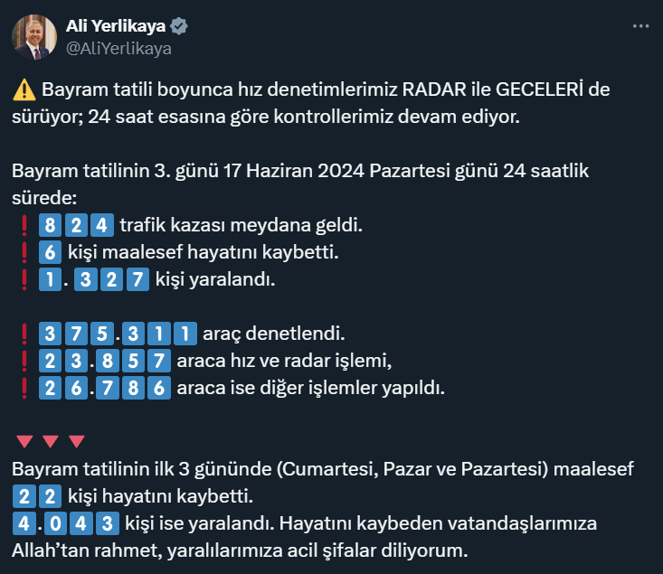 İçişleri Bakanı Yerlikaya bayram tatilinin ilk 3 gününde kaç kişinin vefat ettiğini açıkladı