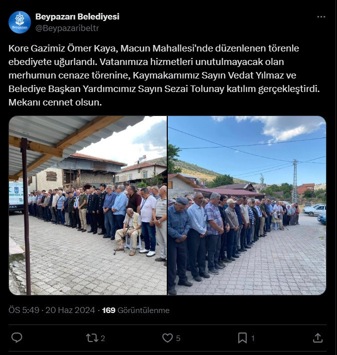 Beypazarı Belediyesi Kore Gazisi Ömer Kaya’yı son yolculuğuna uğurladı