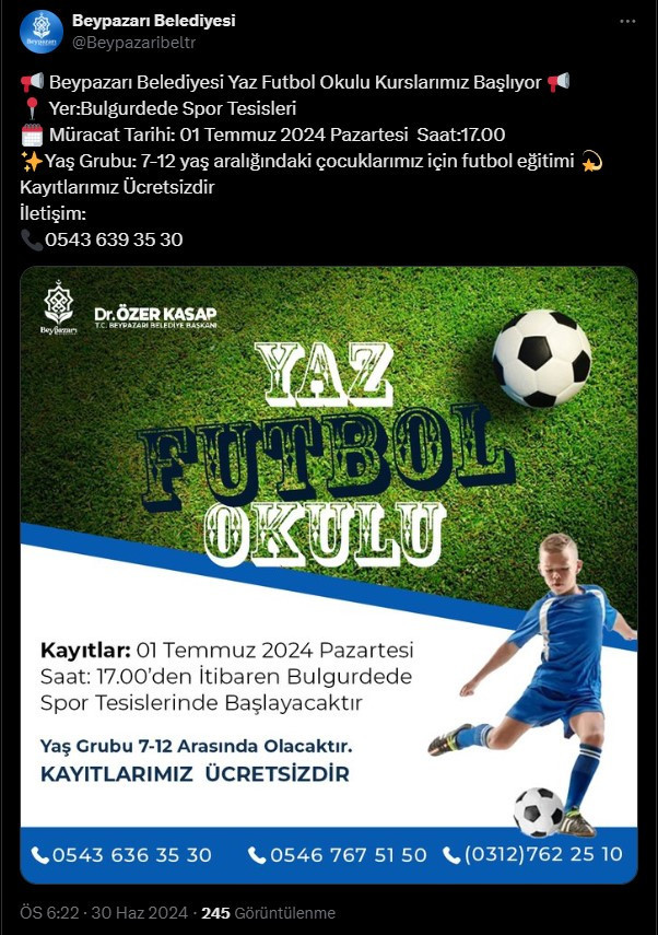 Beypazarı Belediyesi'nin yaz futbol okulu kurs kayıtları başladı