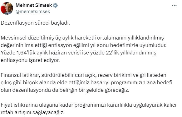 Bakan Mehmet Şimşek enflasyon rakamları sonrası açıklama yaptı