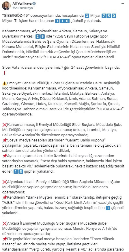 Ankara merkezli 29 ilde Sibergöz 49 Operasyonu! 110 kişi yakalandı!