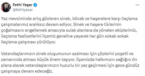 Yenimahalle Belediye Başkanı Yaşar'dan çöpleri zamanında ve poşetli atma çağrısı geldi