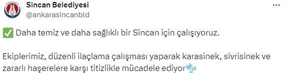 Sincan Belediyesinden sivri ve karasineklerle mücadele seferberliği