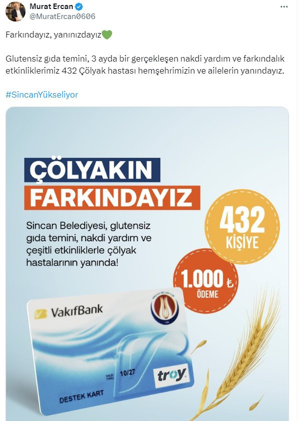 Sincan Belediyesi Çölyak hastalarına maddi destek sağlamaya devam ediyor
