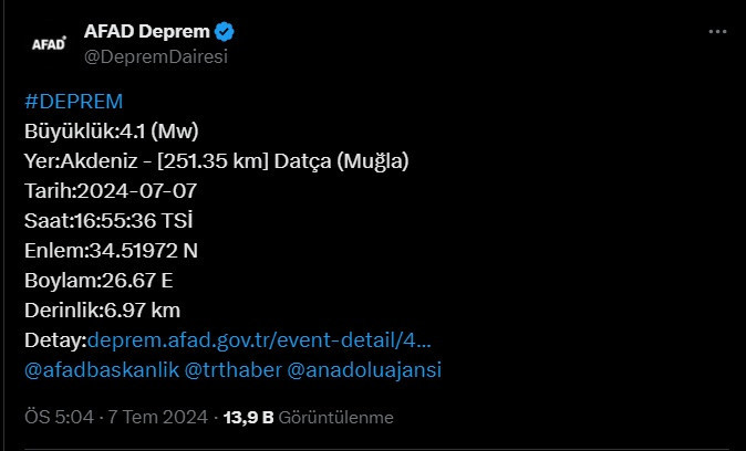 Muğla Datça’da 4,1 büyüklüğünde deprem meydana geldi!