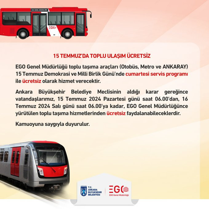 EGO duyurdu! Ankara’daki toplu taşıma araçları 15 Temmuz’da ücretsiz olacak!