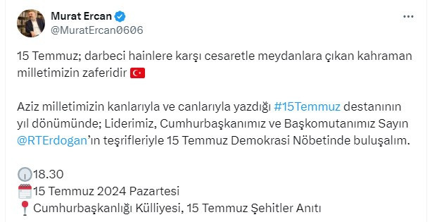 Sincan Belediye Başkanı Murat Ercan'dan 15 Temmuz demokrasi nöbetine davet