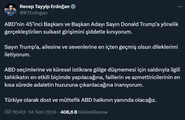 Cumhurbaşkanı Erdoğan'dan Trump'a: Dost ve müttefik ABD halkının yanında olacağız