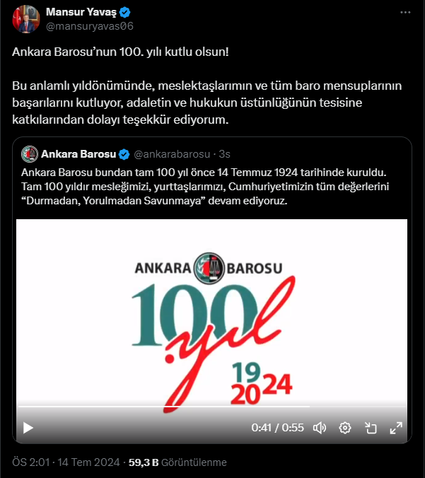 Mansur Yavaş Ankara Barosu’nun 100.yılı için özel bir mesaj paylaştı