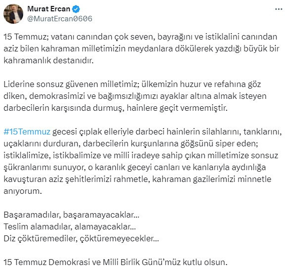 Sincan Belediye Başkanı Ercan'dan 15 Temmuz mesajı: "Başaramayacaklar"