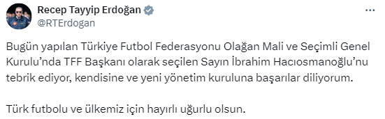 Cumhurbaşkanı Erdoğan TFF Başkanı Hacıosmanoğlu'nu tebrik etti