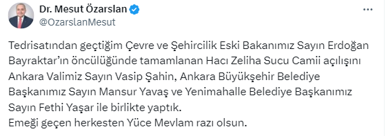 Ankara Yenimahalle'deki Hacı Zeliha Sucu Camii ibadete açıldı