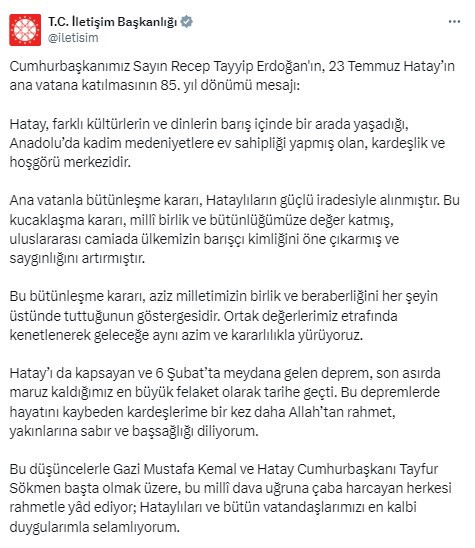 Cumhurbaşkanı Erdoğan Hatay'ın ana vatana katılmasının yıl dönümünü kutladı