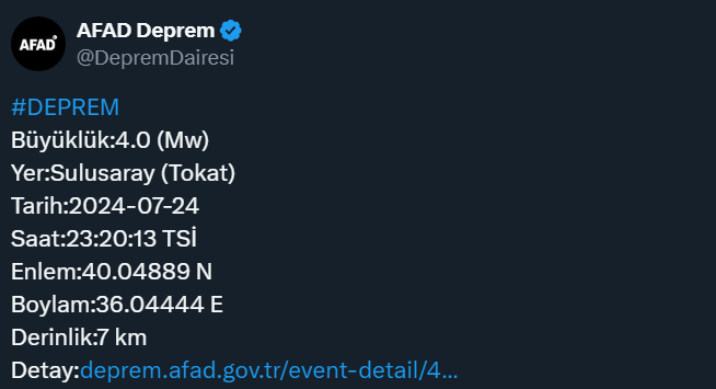 Tokat'ta 4.0 büyüklüğünde bir deprem meydana geldi!