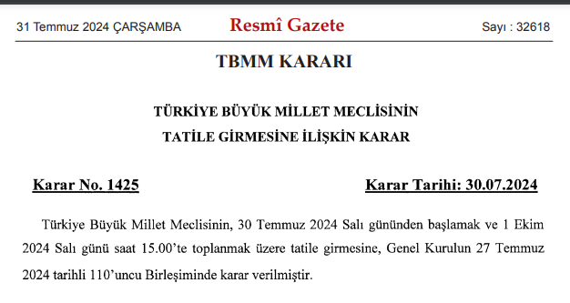 Resmi Gazete'de yayımlandı: TBMM 1 Ekim’e kadar tatile girecek