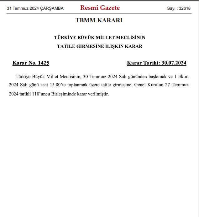 Resmi Gazete'de yayınlandı: TBMM 1 Ekim'e kadar tatile girdi