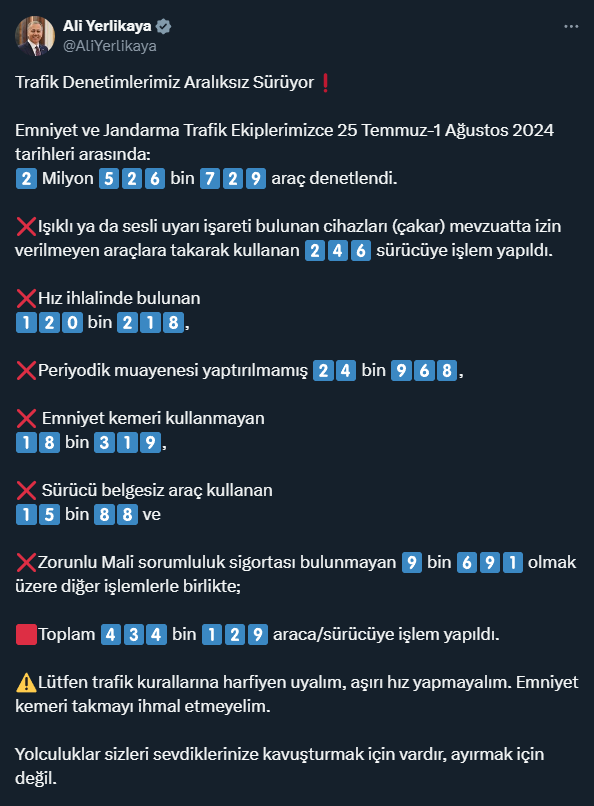 Bakan Ali Yerlikaya Türkiye'nin trafik denetim sonuçlarını açıkladı