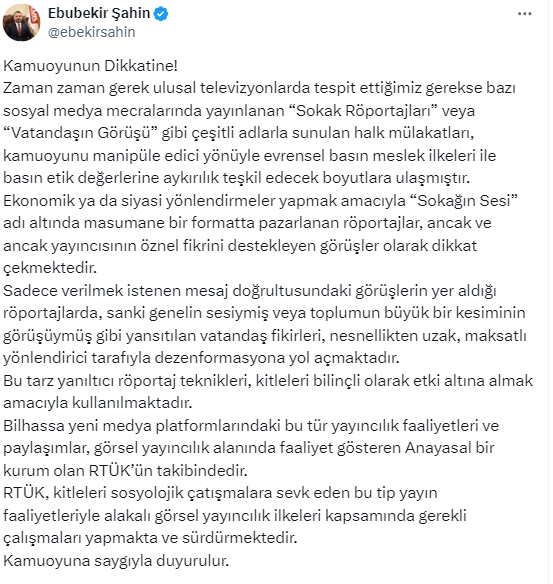RTÜK Başkanı Şahin sokak röportajlarına ilişkin açıklamada bulundu