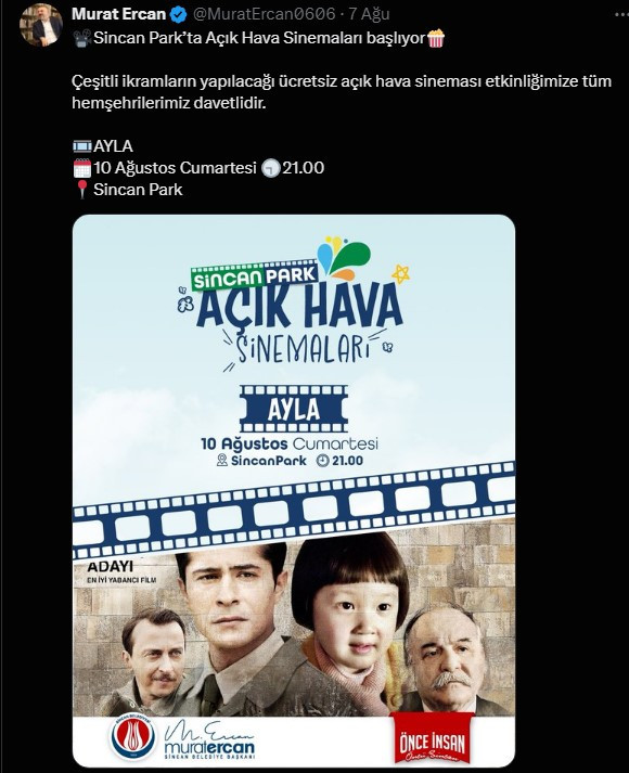 Sincan Belediyesi Açık Hava Sineması etkinliği düzenleyecek