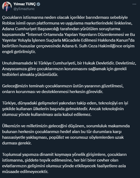 Roblox konusu giderek büyüyor: Bakan Tunç'tan uyarı geldi