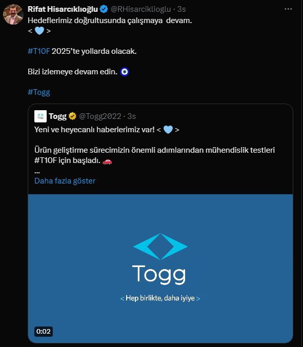 TOBB Başkanı Hisarcıklıoğlu: TOGG T10F 2025'te yollarda!