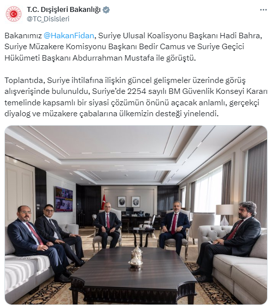 Dışişleri Bakanı Hakan Fidan Ankara'da Suriyeli heyetle görüştü