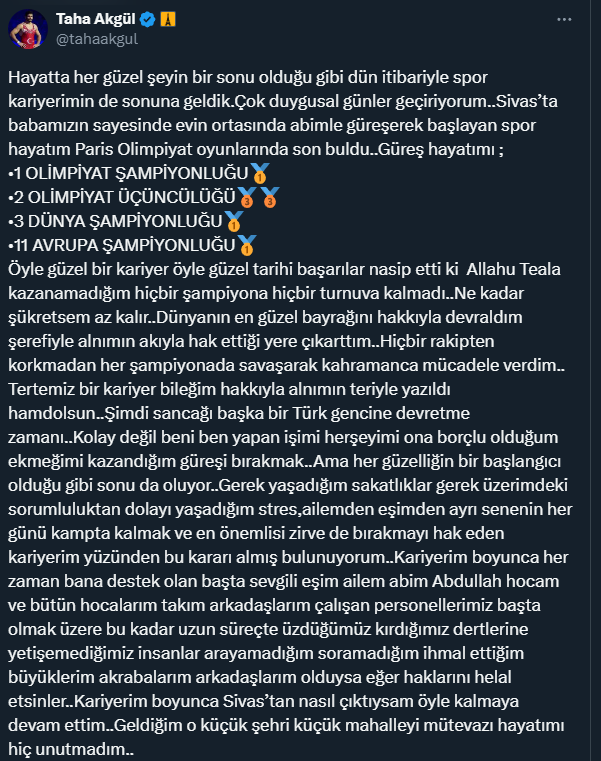 Spor kariyerini noktalayan güreşçi Taha Akgül veda mesajı yayınladı