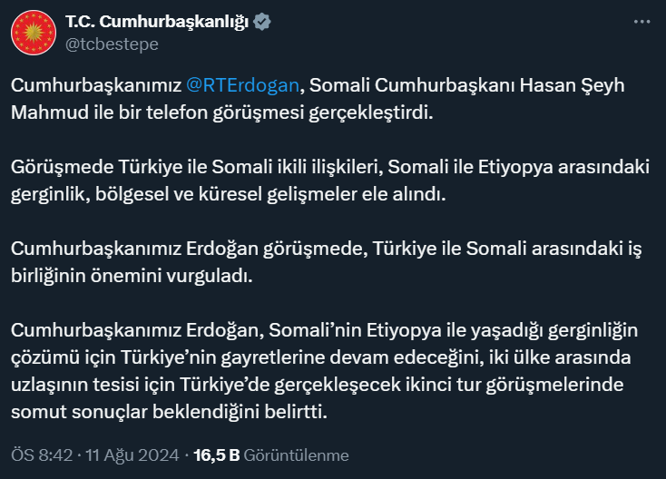 Cumhurbaşkanı Erdoğan Somali Cumhurbaşkanı ile telefon görüşmesi gerçekleştirdi