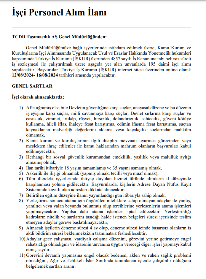 TCDD 195 sürekli işçi alımı başvuru şartları ve tarihleri - Resim : 2