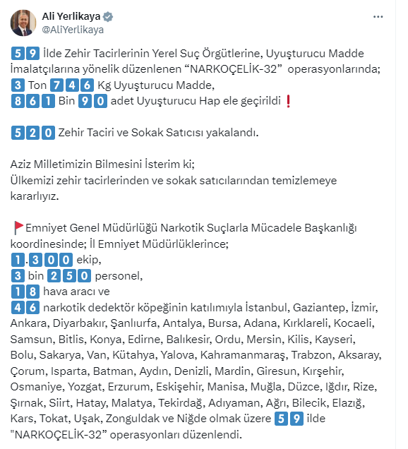 Ankara dahil 59 ilde Narkoçelik 32 operasyonları:  520 şüpheli yakalandı