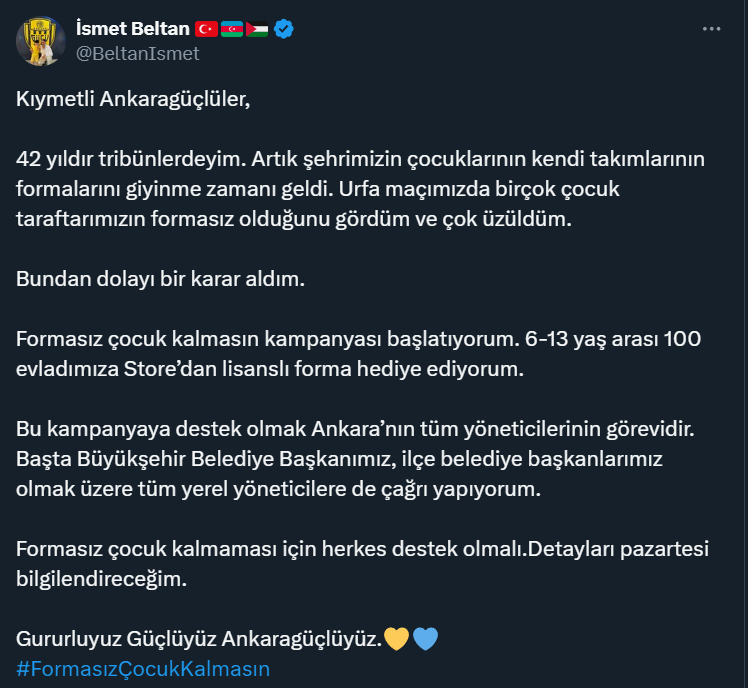 Ankaragücü Yöneticisi İsmet Beltan formasız çocuk kalmaması için harekete geçti