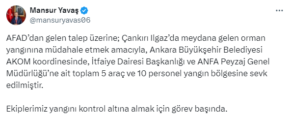 ABB Çankırı'daki orman yangınıyla mücadeleye destek verecek