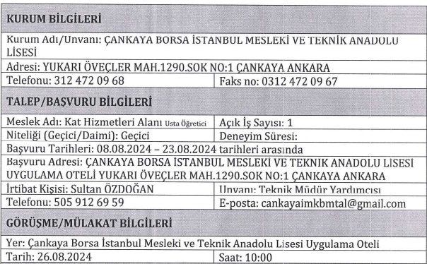 Çankaya Borsa İstanbul Mesleki ve Teknik Anadolu Lisesi sözleşmeli kamu işçisi alıyor