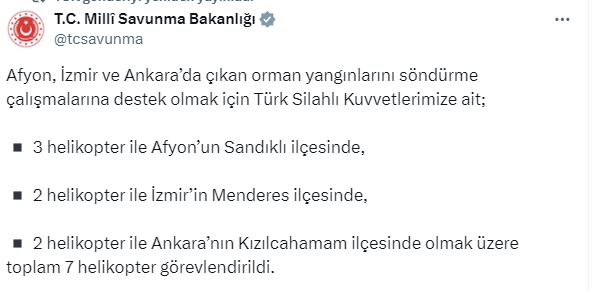 TSK Afyonkarahisar, İzmir ve Ankara'daki orman yangınlarını söndürme çalışmalarına destek oluyor