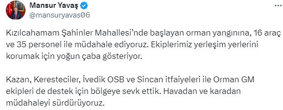 ABB Başkanı Yavaş'tan Kızılcahamam'daki orman yangınına ilişkin açıklama